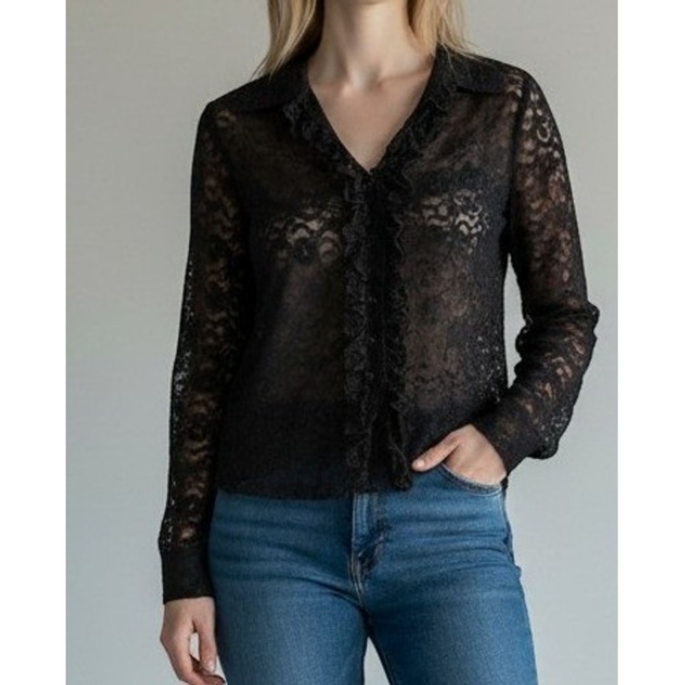 Harlow Black Sheer Floral Lace Ruffle Button Down Blouse Large